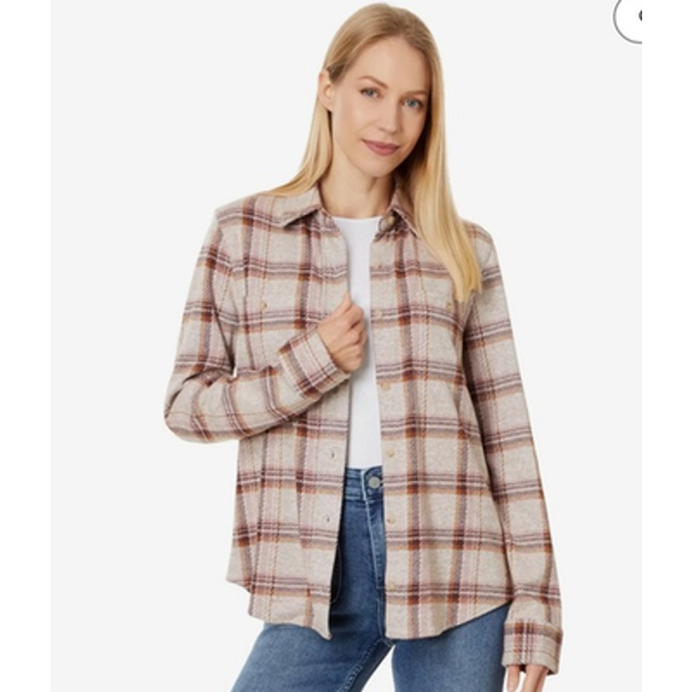 Faherty Legend Sweater Shirt Womens Medium Cranberry Haze‎ Plaid Soft Stretch